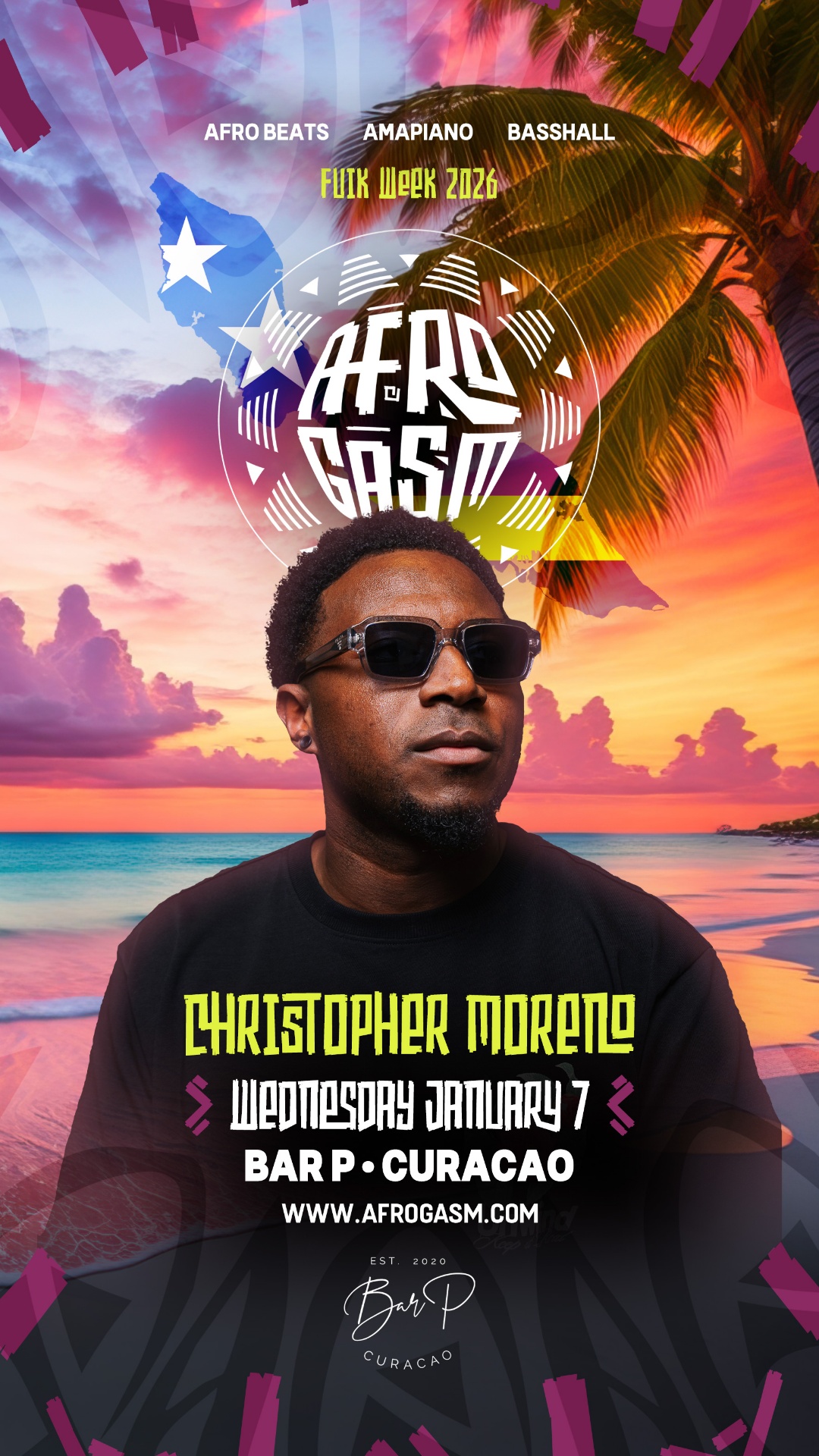 Portrait of Christopher Moreno, performing at AfroGasm AfroGasm Curacao on 8 January 2026