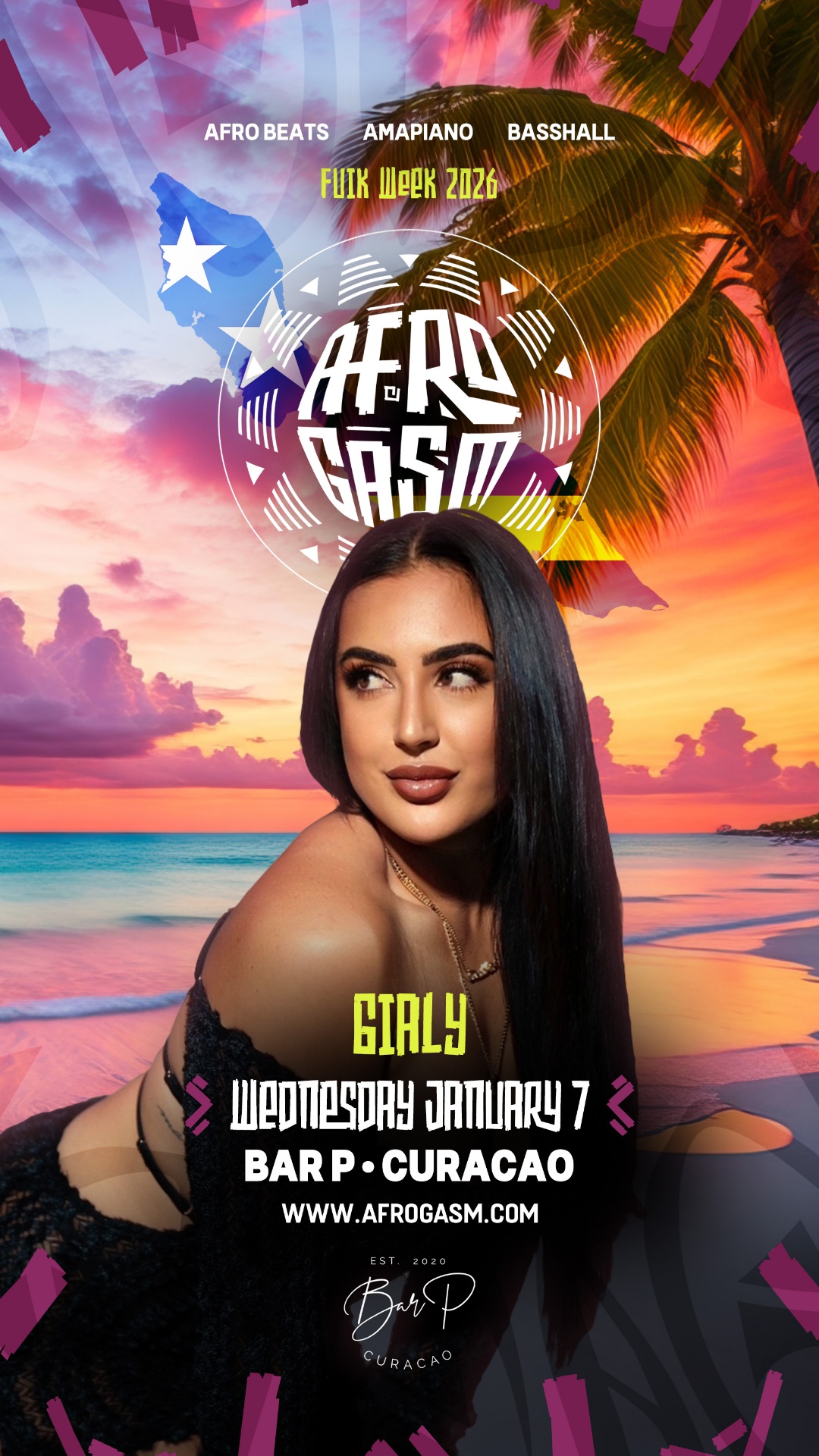 Portrait of Gialy, performing at AfroGasm AfroGasm Curacao on 8 January 2026