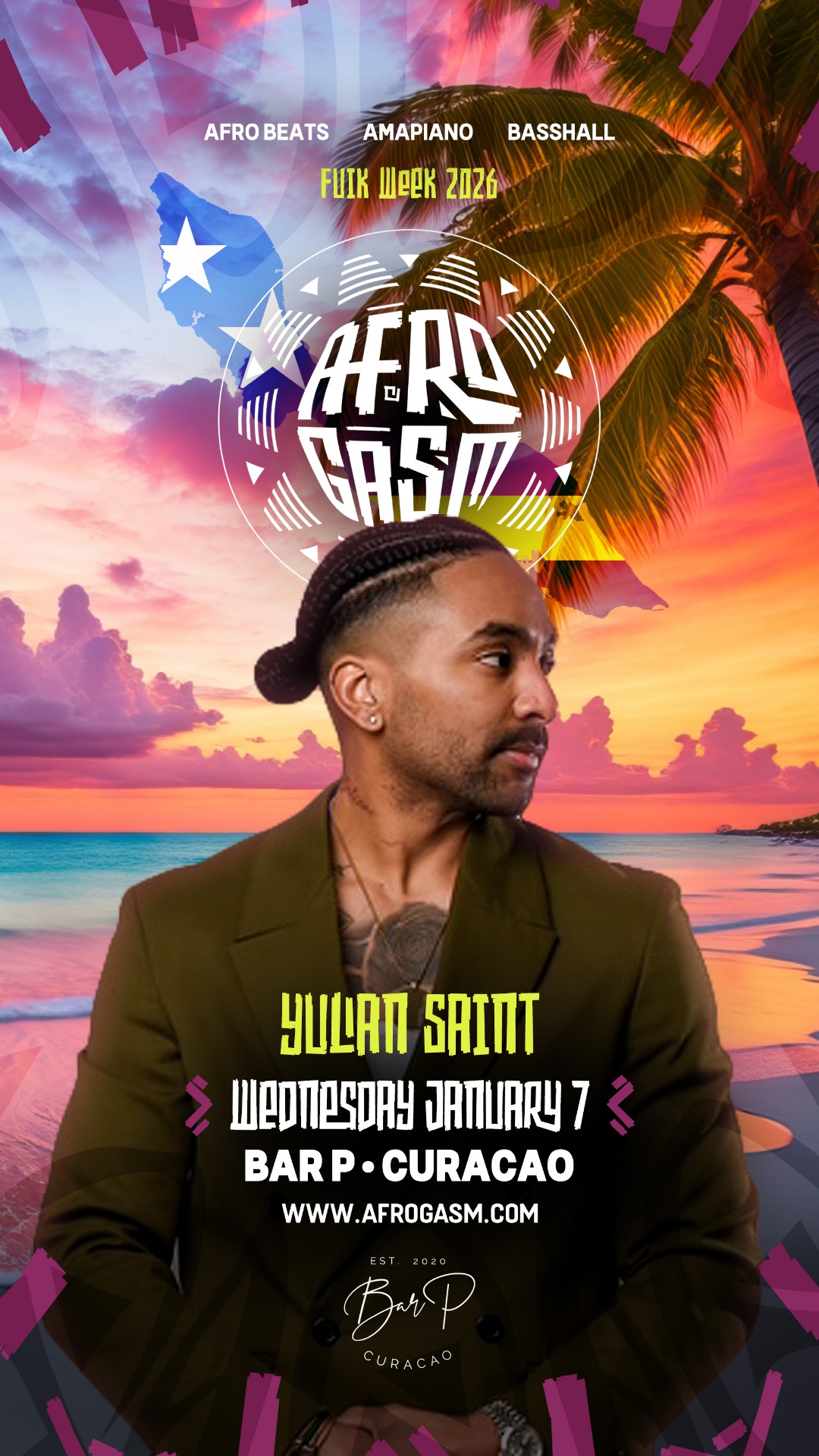 Portrait of Yulian Saint, performing at AfroGasm AfroGasm Curacao on 8 January 2026